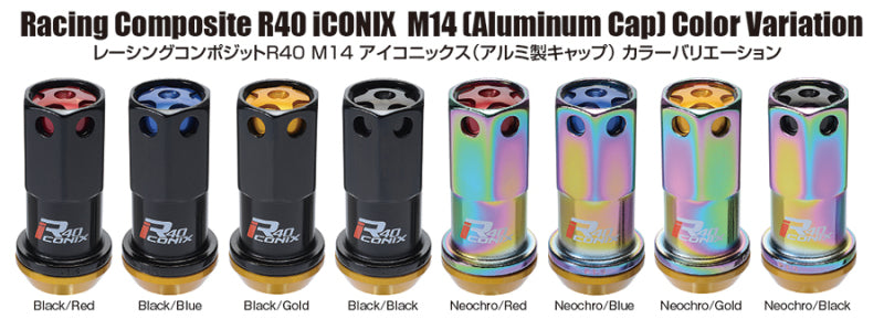 Project Kics 14X1.25 Iconix R40 Lug Nuts - Black w/ Gold Caps - 16+4